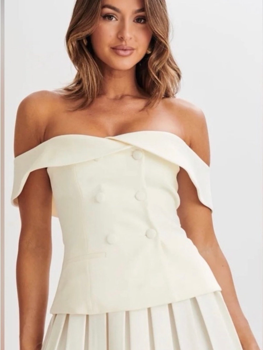 Meshki Ivory Off-Shoulder Button Front Suiting Top, Kristi top